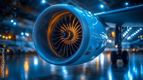 Showcasing the intricate details of a jet engine, this captures modern aviation's brilliance in a well-lit hangar