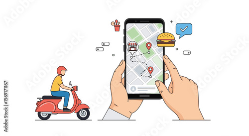 Online Food Delivery Service App Showing Map Tracking and Order Details with a Courier on a Scooter and Drone Delivery Icon