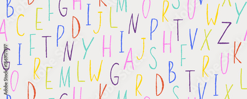 Doodle letters seamless pattern. Scribble alphabet, hand drawn wax crayon abc handwriting letters. English abstract text. Textile, wrapping paper, wallpaper. Print for fabric. Vector background