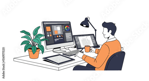 A designer skillfully creates digital art on a computer with a tablet and stylus at their workspace