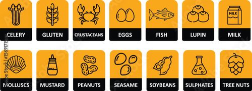 Food Allergens Icons Set – Vector Label, Stamp, and Sign for Packaging and Allergen Warnings