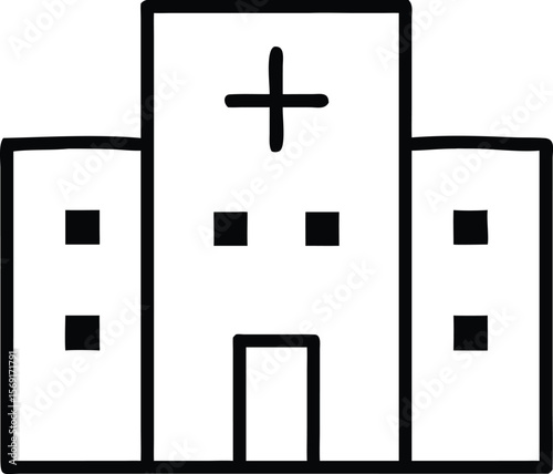 Simple black line drawing of a hospital building with a cross symbol