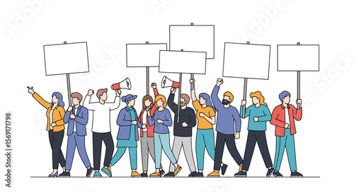 Group of people marching together holding blank signs and raising their arms in protest and demonstration