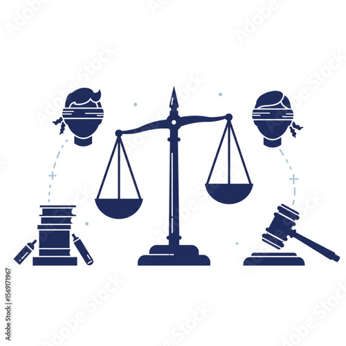 Elegant law and justice graphic featuring balance scales, books, blindfolded faces, and a gavel for legal themes.