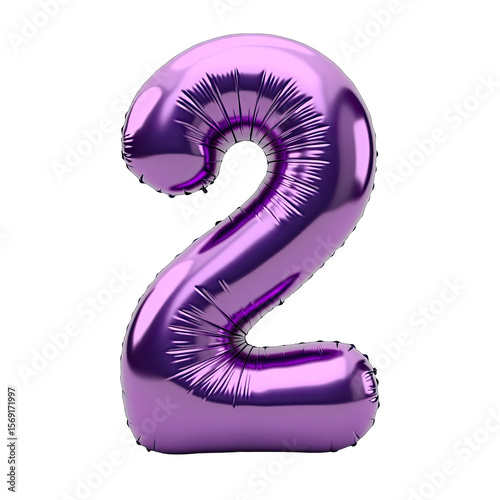 A shiny purple metallic number two isolated on transparent background