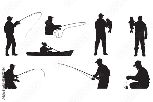Silhouette Collection of Fisherman Engaging in Various Fishing Activities