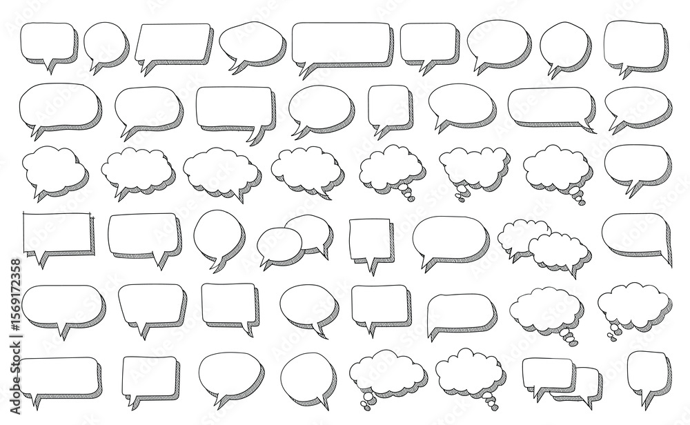 Fototapeta premium Set of hand drawn speech thought bubbles sketch style crosshatch scribble shading chalkboard doodle theme. comic, educational materials, marketing graphics, creative communication visuals.