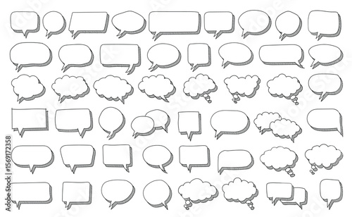 Set of hand drawn speech thought bubbles sketch style crosshatch scribble shading chalkboard doodle theme. comic, educational materials, marketing graphics, creative communication visuals.