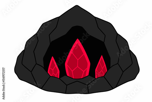 Black silhouette volcano vector illustration on paper with burning embers design