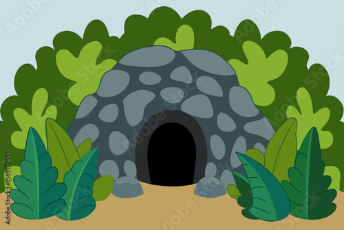Ancient stone architecture with an open archway reveals a medieval house nestled in a green forest landscape under an old sky, evoking a sense of European history and ruined beauty