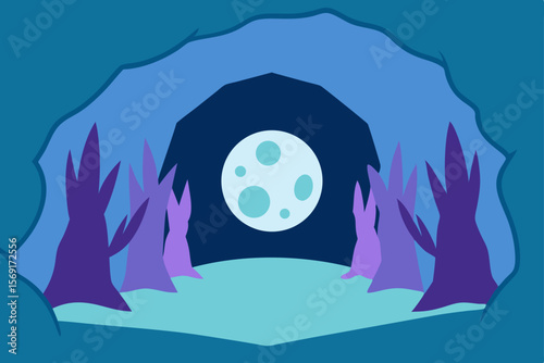 A captivating vector illustration of a mysterious house nestled in a winter forest, under a moonlit night sky, featuring a subtle bird silhouette and artistic tree patterns, perfect for a unique Hallo