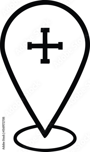 Black and white simple location pin icon with a cross symbol inside