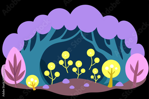 A vibrant cartoon illustration of colorful Easter eggs nestled in a meadow with a blue sky, fluffy clouds, and a cheerful sun