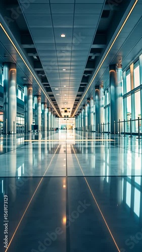 Modern airport terminal corridor with reflective floor, tall glass windows, and futuristic lighting in a spacious, empty passage