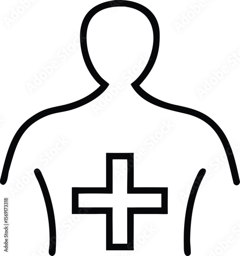 Stylized human figure outline with a cross symbol on chest representing health