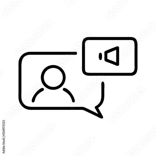 Minimalist person icon with speech bubble and speaker on white background
