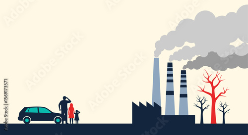 Family observing industrial pollution with a car nearby and dead trees near factories emitting smoke into the sky