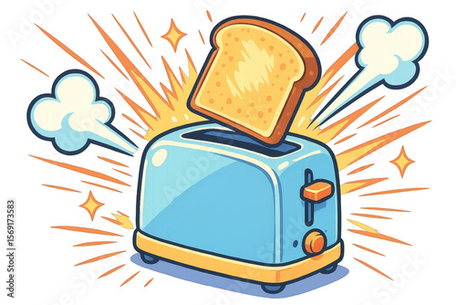 A lively cartoon illustration of a blue toaster with a golden slice of toast popping out, surrounded by energetic starbursts and steam, depicting a hot breakfast moment.