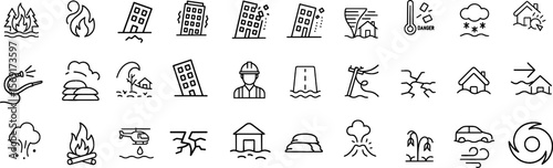 Natural Disaster Stroke Icon Set. Includes Earthquake, Flood, Hurricane, Wildfire, Tsunami, Tornado, and More. Editable Line Style for Emergency and Safety Themes.