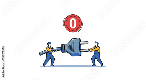 Two construction workers in uniform struggle to connect a large electrical plug symbolizing overcoming technical challenges