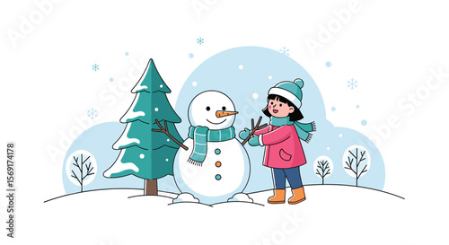 A young girl happily builds a snowman in a winter wonderland surrounded by snow and falling snowflakes