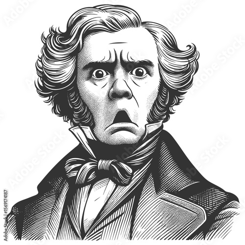 man with wide eyes and puckered lips, expressing shock or amazement in vintage attire sketch engraving generative ai fictional character vector illustration. Scratch board imitation. Black and white.