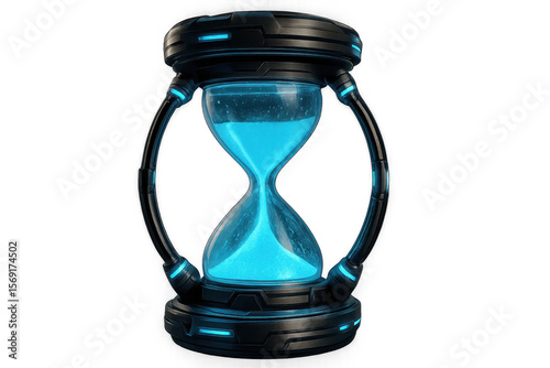 Futuristic hourglass with glowing blue energy flowing, symbolizing advanced technology, data progression, and the digital passage of time against a pixelated background.