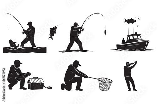 Silhouette Collection of Fisherman Engaging in Various Fishing Activities