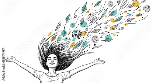 Young Woman Expressing Freedom with Flowing Hair and Nature Elements Symbolizing Creativity and Growth