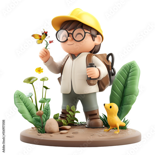 Nature exploration child with yellow hat and dog outdoor garden 3d art playful environment whimsical concept