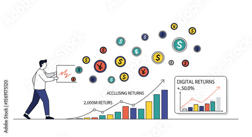 Financial Growth Analysis and Economic Opportunities Represented by Currency Symbols and Upward Trending Charts