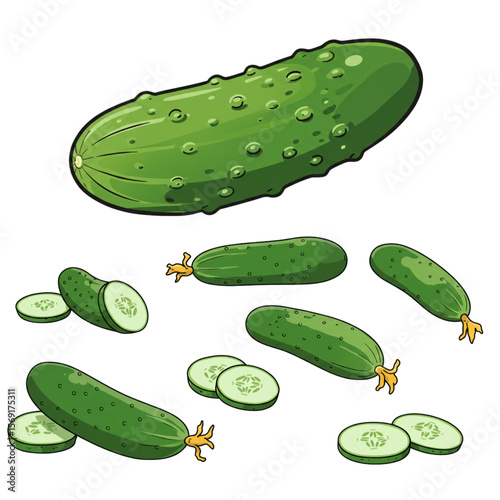 Fresh green cucumbers design shows whole and sliced organic vegetables, ideal for farm markets, culinary projects and nutrition designs.
