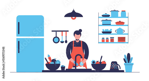 A person washing vegetables at a kitchen sink surrounded by fresh produce and cookware on shelves