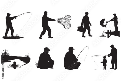 Silhouette Collection of Fisherman Engaging in Various Fishing Activities