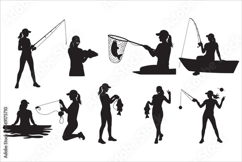 Silhouette Collection of Fisherman Engaging in Various Fishing Activities