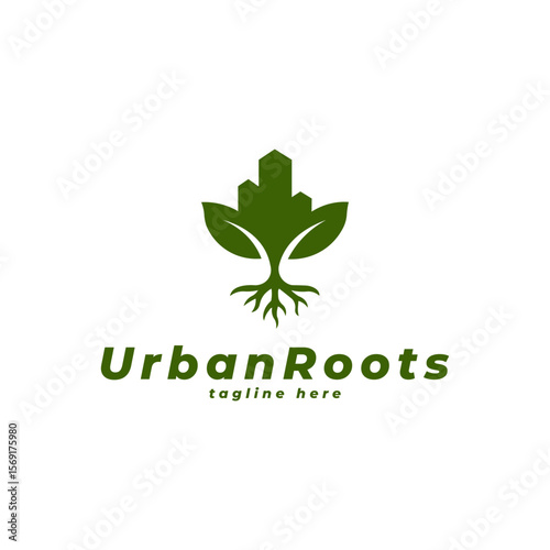 A minimalist logo combining a green city building and plant leaves with roots, symbolizing harmony between urban development and nature. Ideal for eco-friendly brands, sustainability projects, urban f