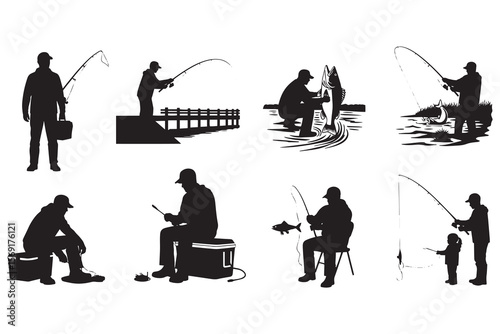 Silhouette Collection of Fisherman Engaging in Various Fishing Activities