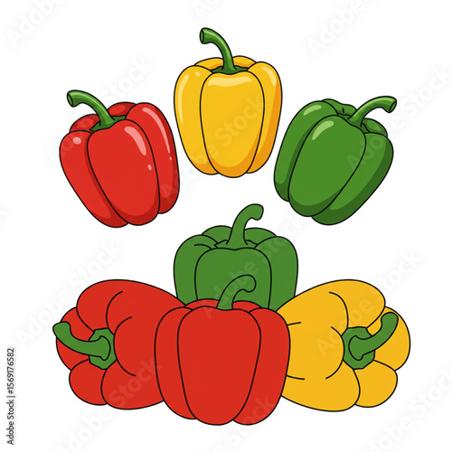 Fresh bell peppers arrangement featuring red, yellow, and green varieties, ideal for healthy eating or culinary themes.