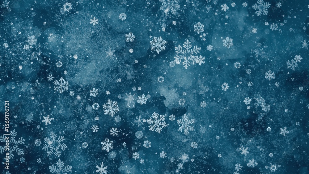 Obraz premium Pattern of white snowflakes falling on dark blue textured background perfect for winter holiday cards, Christmas designs, seasonal decoration, cold weather theme, festive atmosphere, snowy textures