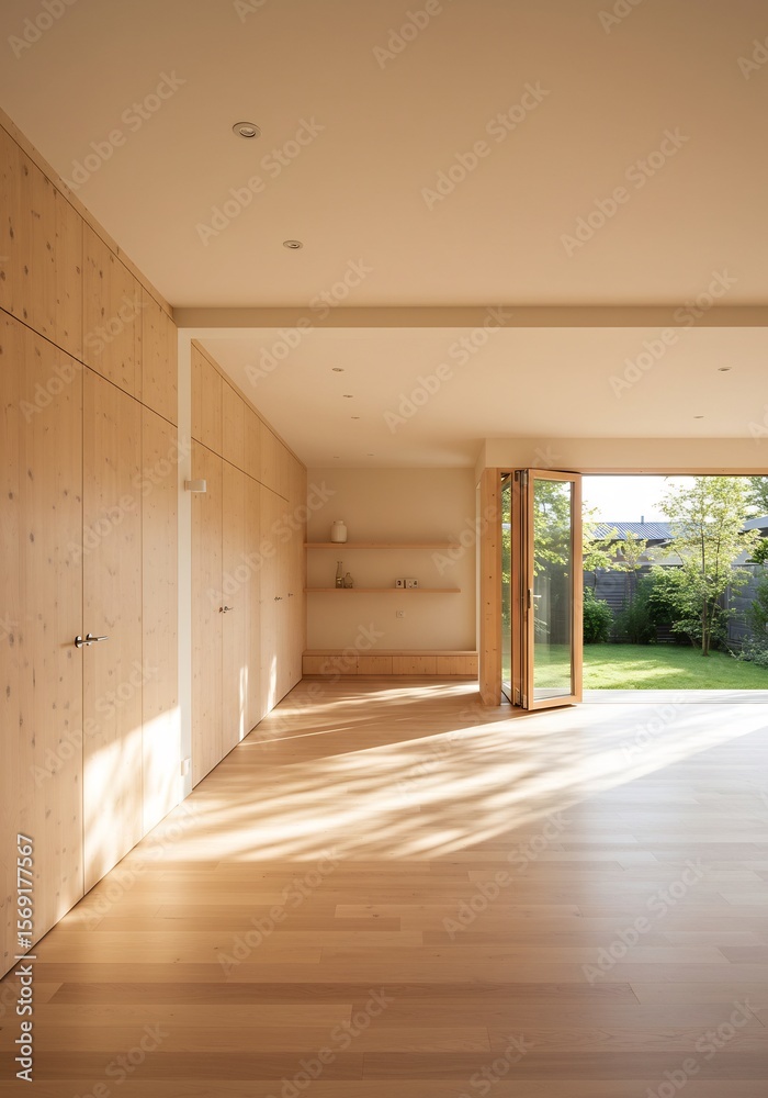 Obraz premium 따스한 햇살 가득한 나무 마루의 평화로운 공간