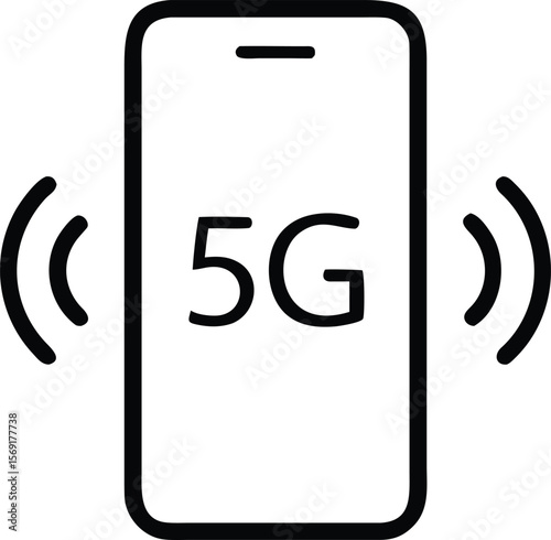 Simple black outline icon of a smartphone displaying the text 5g with signal waves