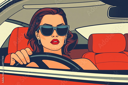 Stylish Woman Driver in Sunglasses Behind Steering Wheel of Convertible Car Pop Art Style Illustration