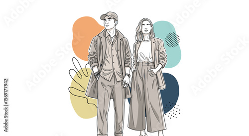 Stylish Couple Showcase Their Latest Fashion Trends with Abstract Organic Shapes in the Background