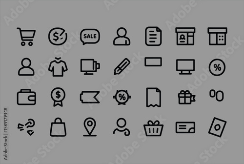 Collection of simple black outline icons representing e commerce and shopping concepts on a gray background