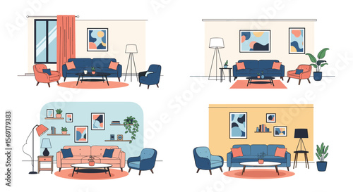 Cozy Living Room Interiors Featuring Modern Furniture and Abstract Art Decoration Styles