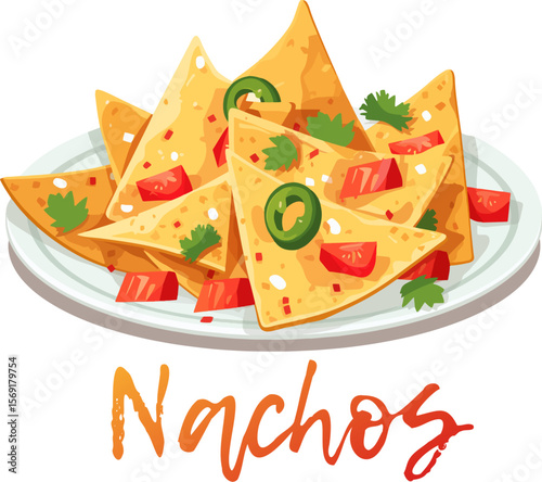 Mouthwatering Nacho Vector Illustration. Delicious vector illustration of nachos isolated on white image features a heaping pile of golden tortilla chips, diced tomatoes, and fresh cilantro