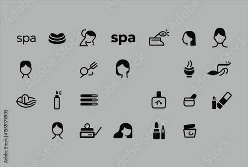 Collection of black line art icons representing spa treatments beauty products and wellness services on a grey background