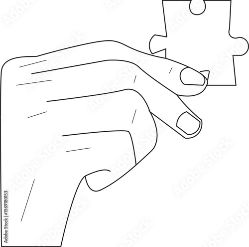 The art line illustration of hand holding a piece of a puzzle