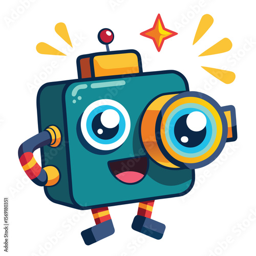 A cartoon camera with eyes and a flash going off, a symbol of photography, memories, and a happy moment.