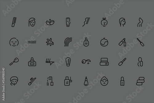 Collection of line icons representing beauty and skincare products and treatments including faces combs serums and spa elements